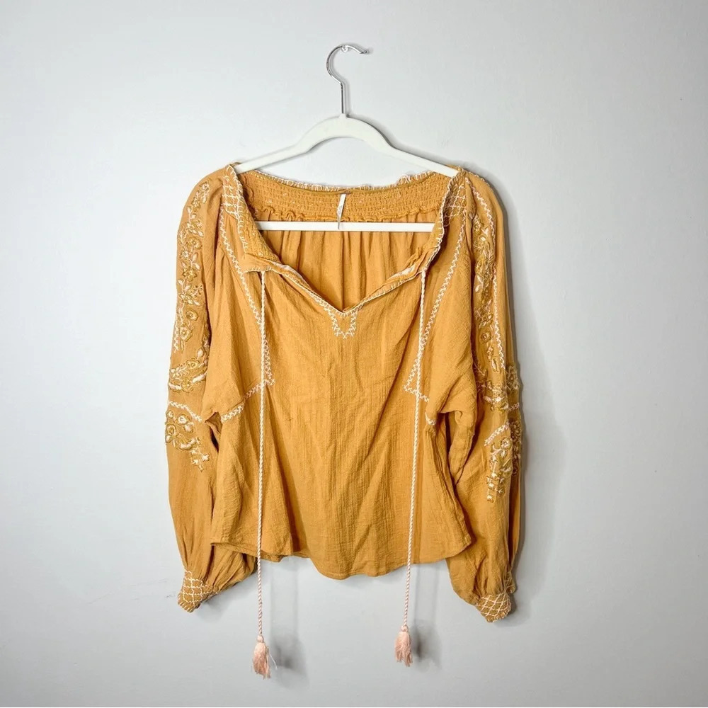 Free People Notting Hill Yellow Embroidered Balloon Sleeve Top
